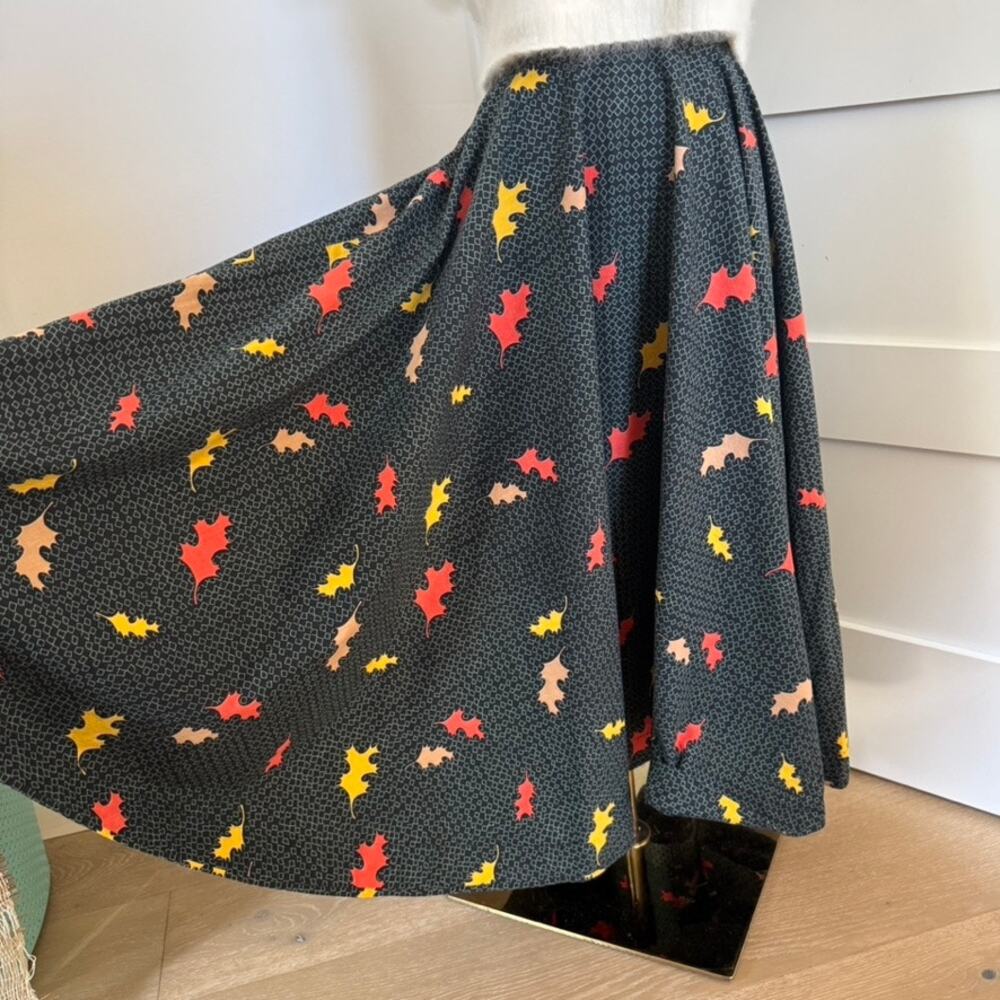 Autumn Leaf Print Full Circle Midi Skirt Cottagecore Fall Retro Twee Pleated